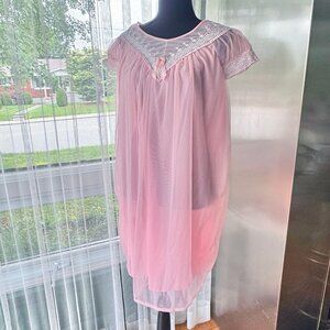 Vintage 1960s nightgown, pink sheer negligee, trapeze swing, short peignoir